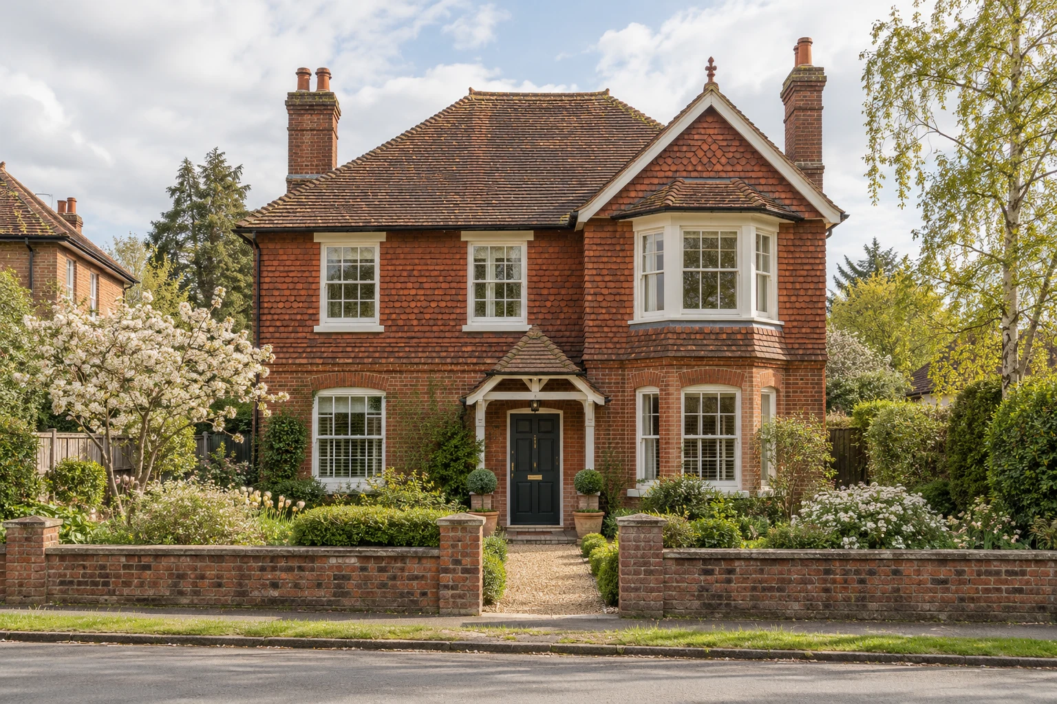 Red-brick period house with a cottage garden and low brick wall