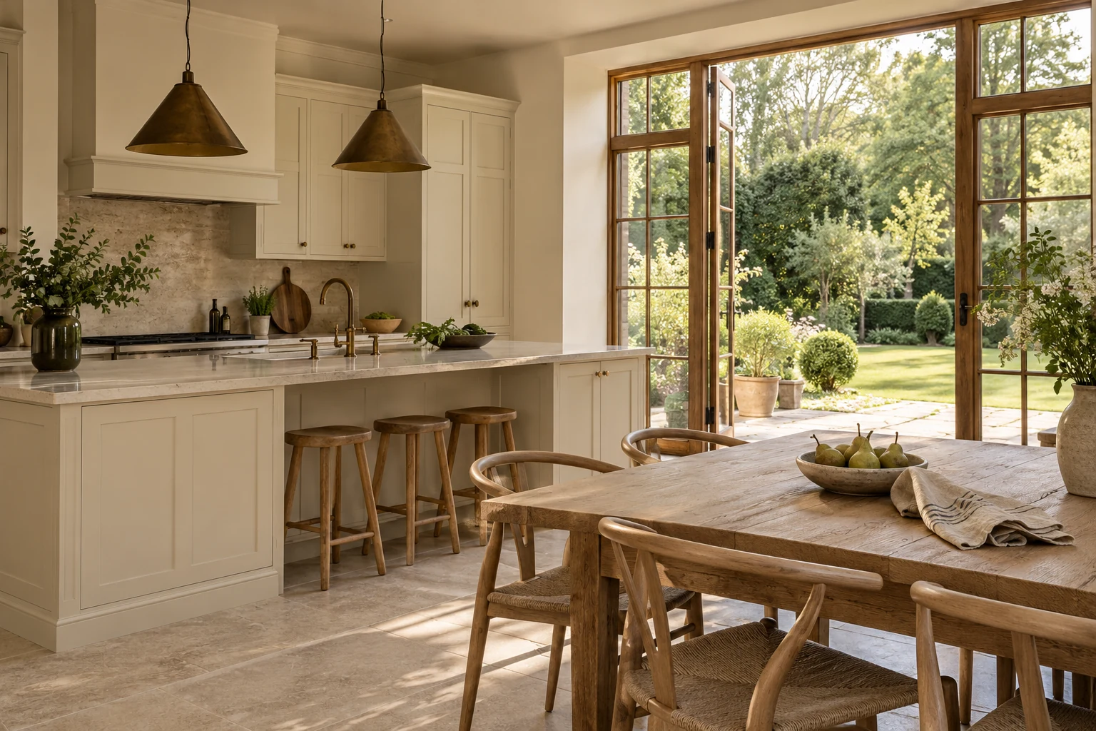 A warm ivory kitchen and oak dining table opening onto a leafy garden